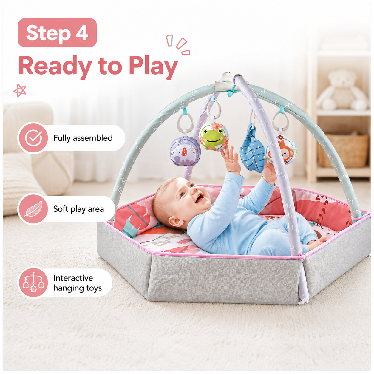 Padded baby tummy time play gym with overhead arches