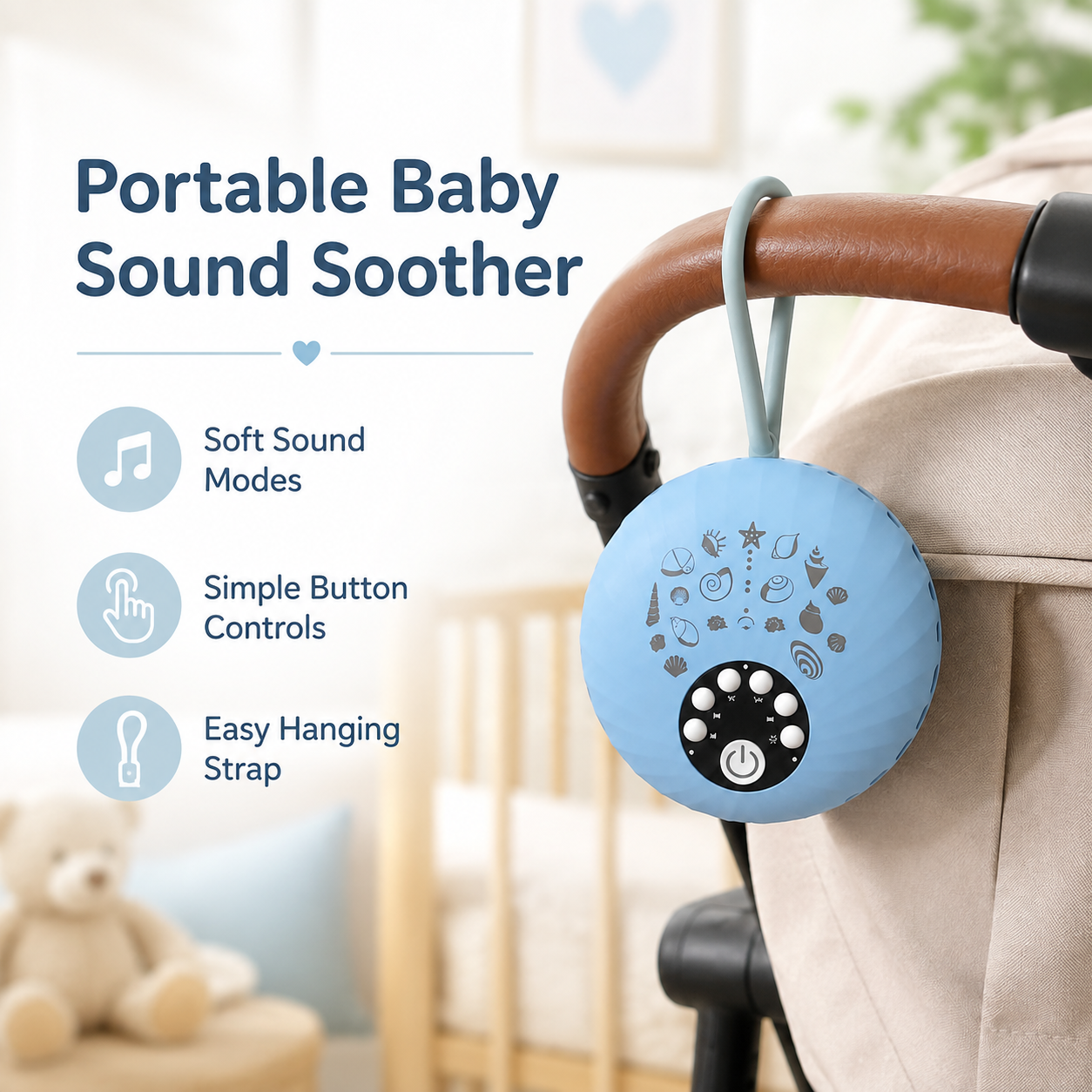 Baby White Noise Machine with Hanging Ring and Package Contents