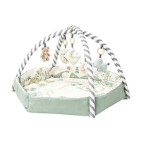 Baby activity gym play mat with hanging soft toys and raised sides