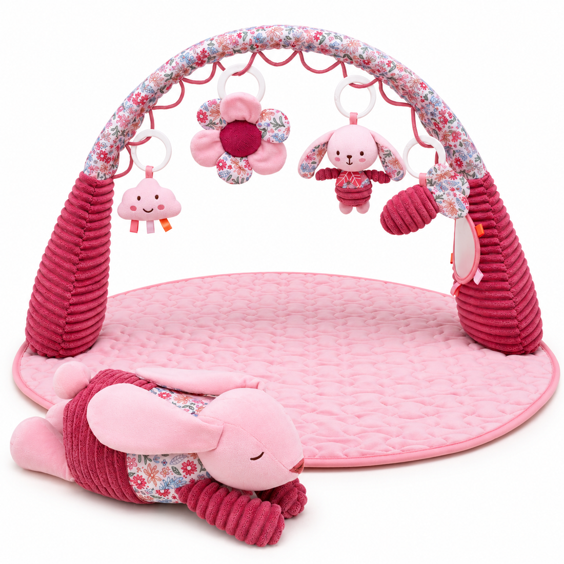 Pink baby activity gym play mat with hanging soft toys