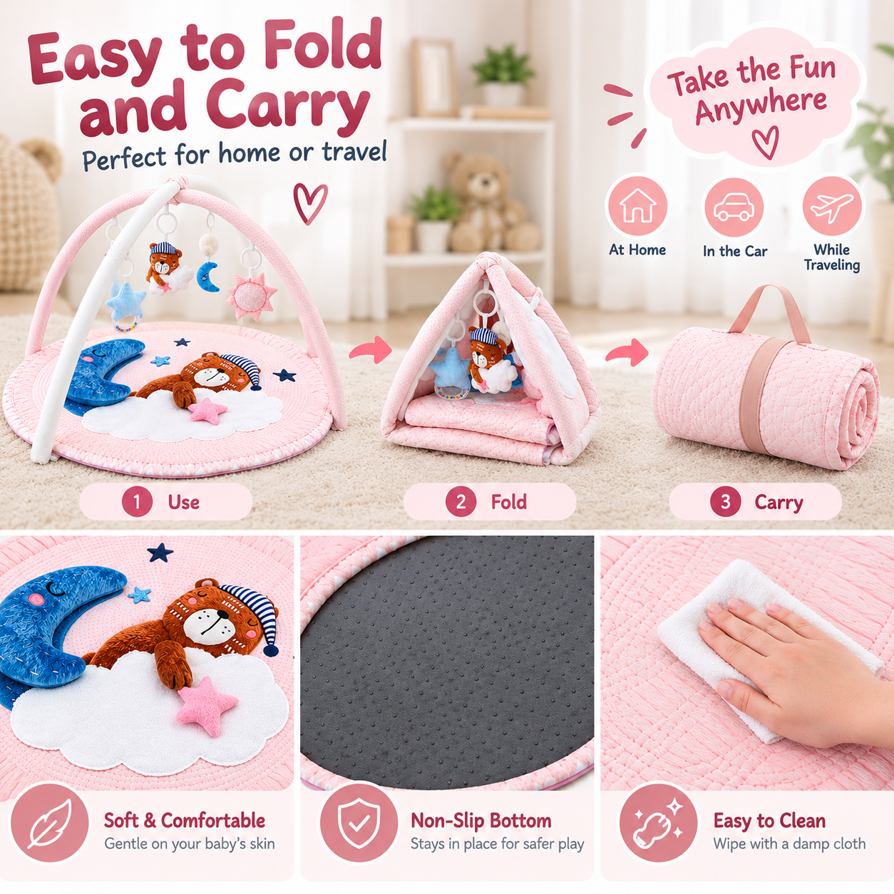 Baby activity mat with crossed toy arches and detachable hanging toys