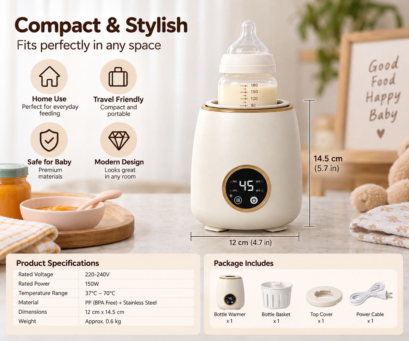 Baby bottle warmer displaying 45 degree temperature setting on digital screen