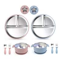 baby feeding set with stainless steel suction plates and silicone utensils