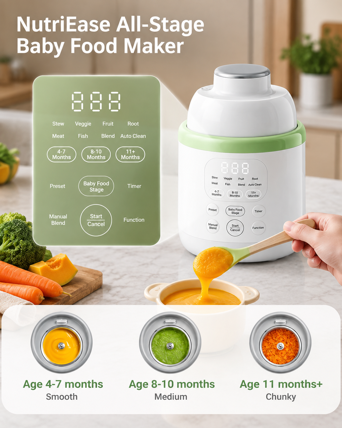 Baby food processor machine with pulse blending function