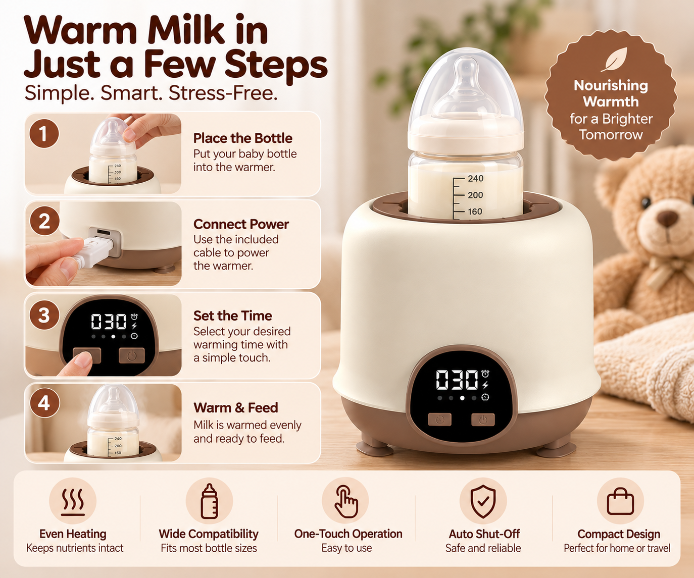 Baby milk bottle warmer with wide top opening for compatible feeding bottles