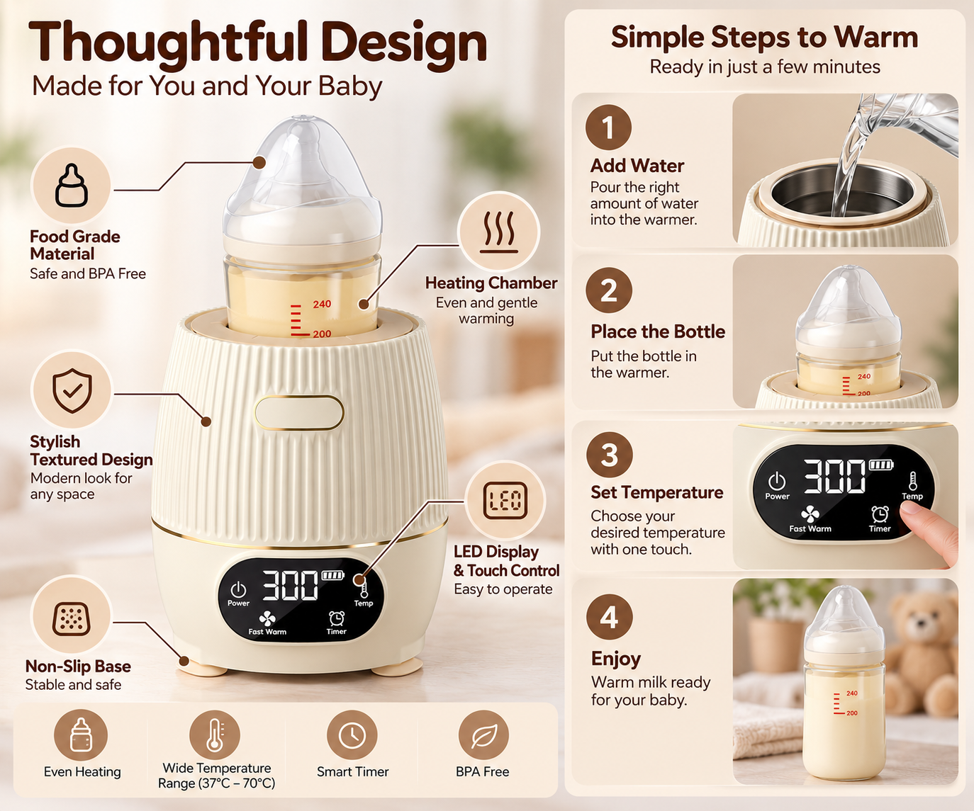 Baby milk warmer with digital temperature display and heating controls