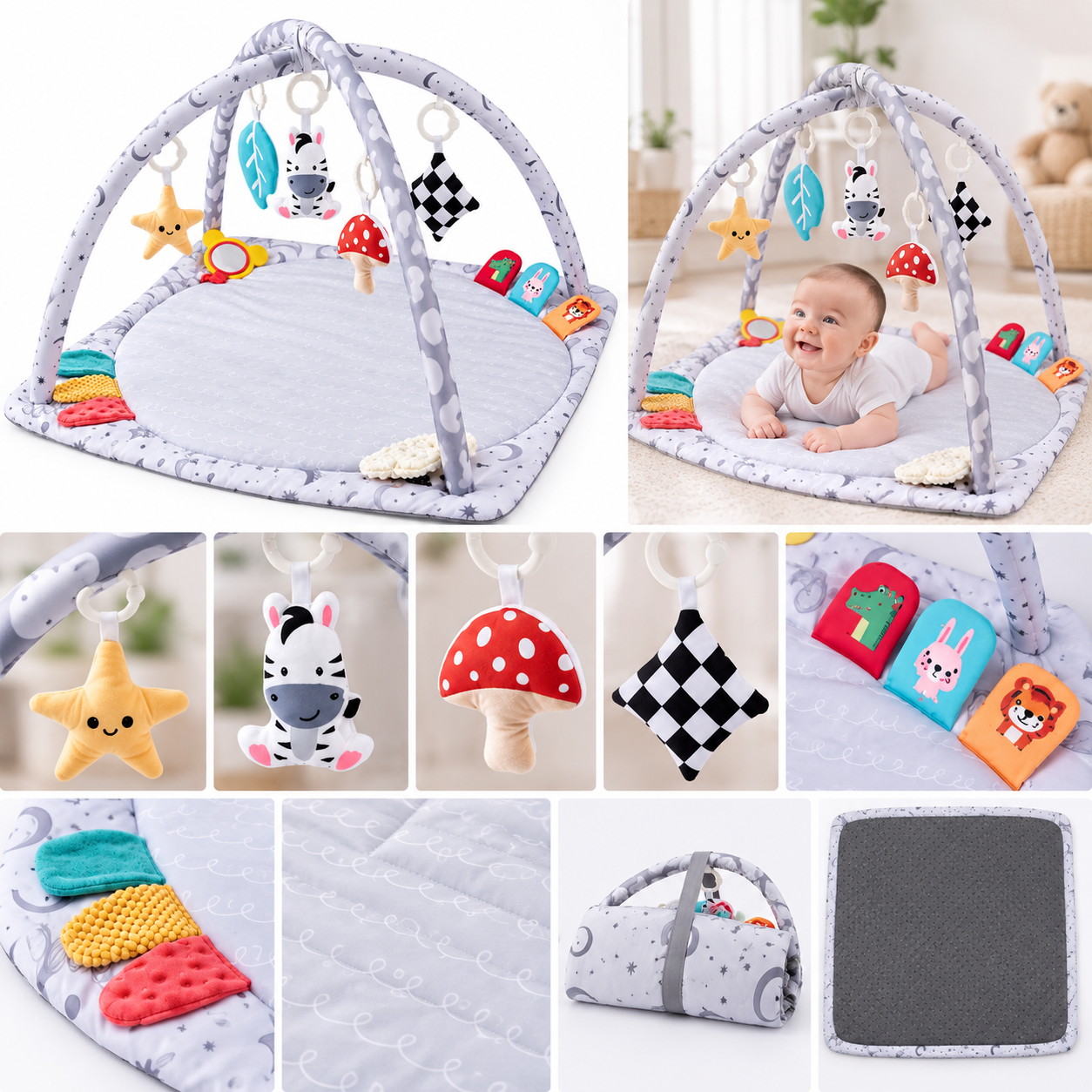Baby play gym with detachable hanging toys and padded mat