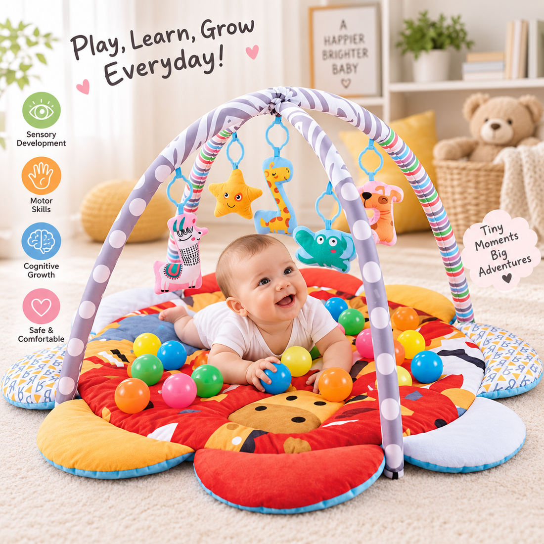 Colorful baby play gym with play balls and soft padded mat