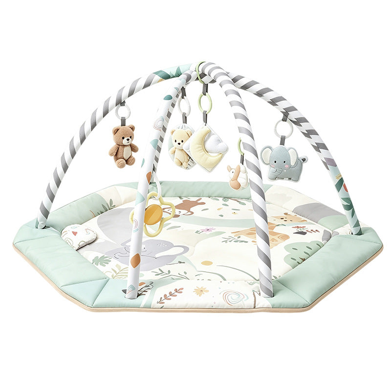 Baby play gym with overhead arches and detachable hanging toys