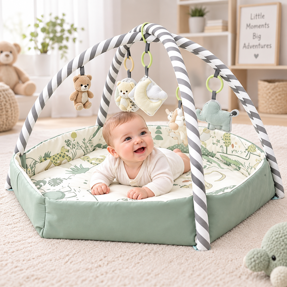 Soft baby play mat with raised fabric sides and activity arches