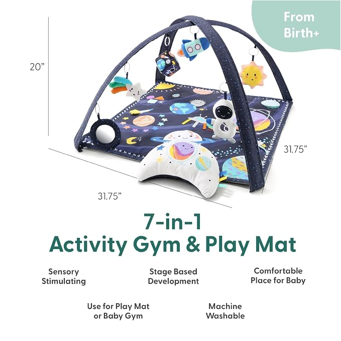 Baby sensory activity gym with hanging mirror-style toy and soft toys