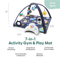 Baby sensory activity gym with hanging mirror-style toy and soft toys