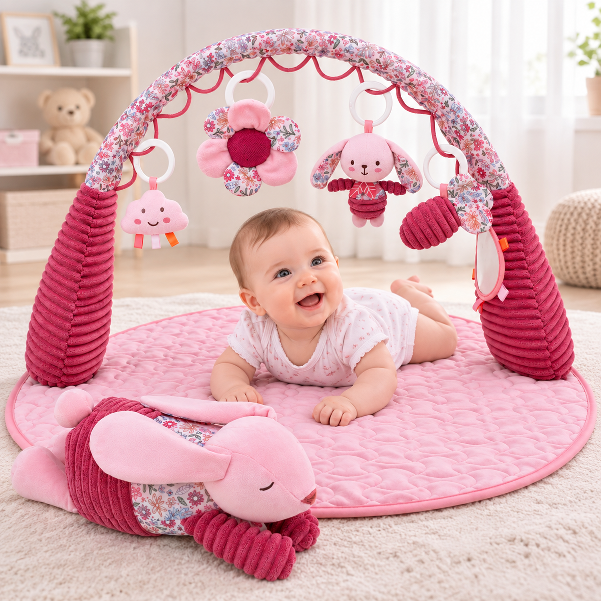 Baby sensory play gym with flower cloud and animal hanging toys