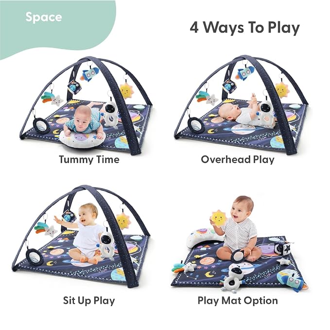Baby space activity mat with colorful planets stars and rocket graphics