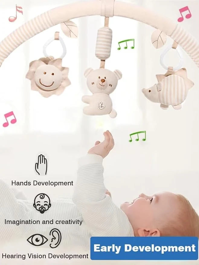 Baby stroller activity arch set featuring hanging toys for visual engagement during outings