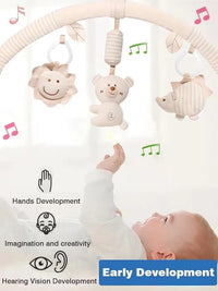 Baby stroller activity arch set featuring hanging toys for visual engagement during outings