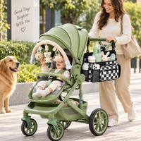 Baby stroller organizer designed to keep bottles, toys and small essentials within easy reach