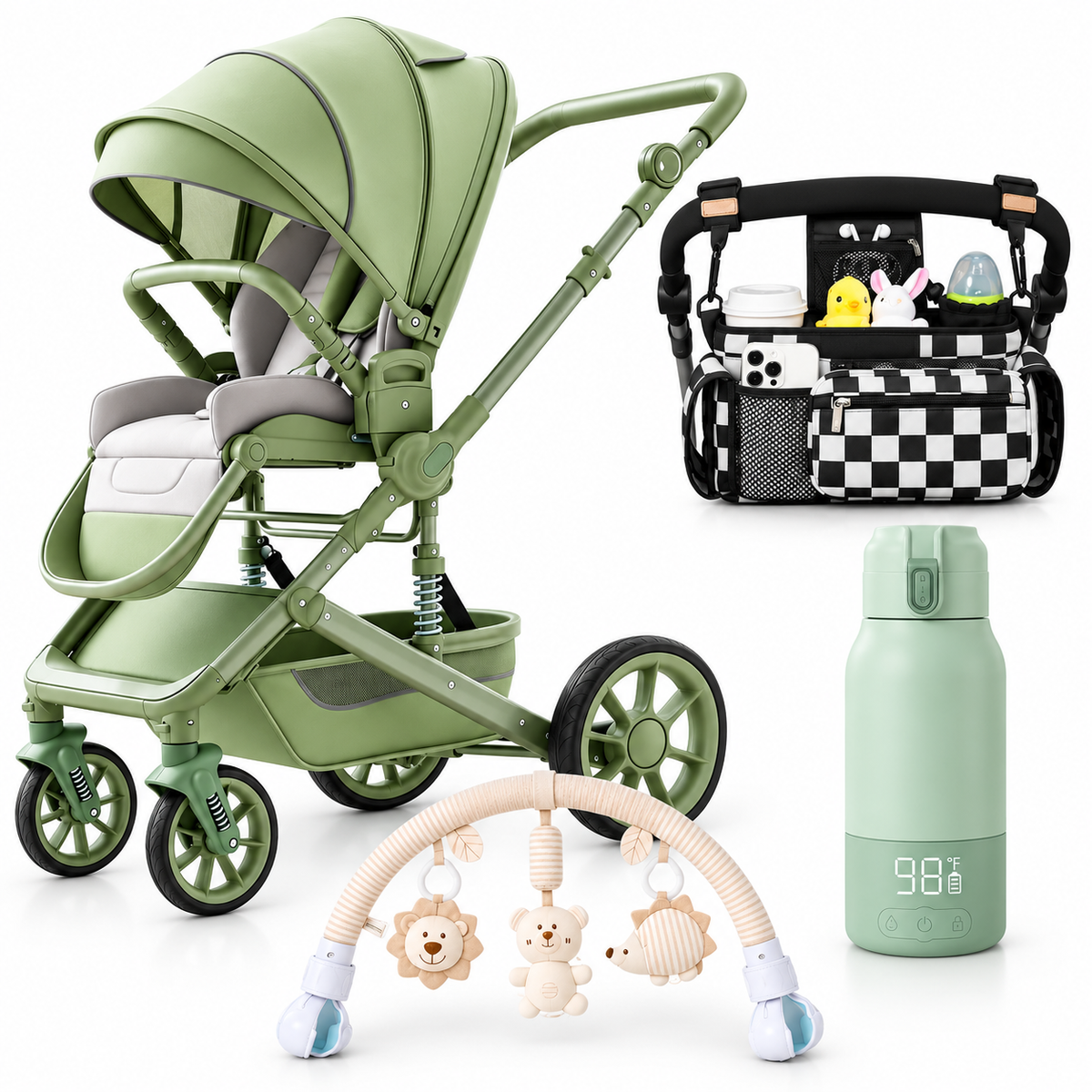 Baby stroller travel bundle with organizer bag, bottle warmer and stroller activity arch