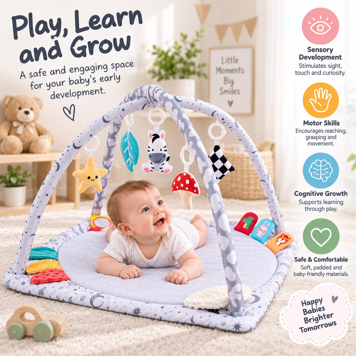 Soft padded baby tummy time play mat with activity arches