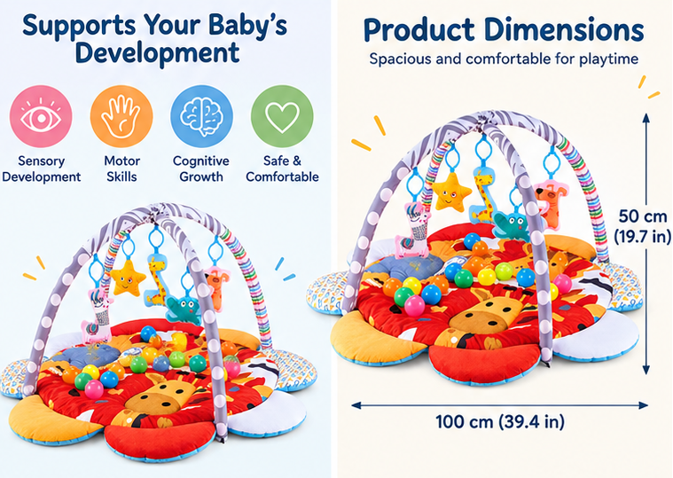 Soft padded baby tummy time play mat with activity arches