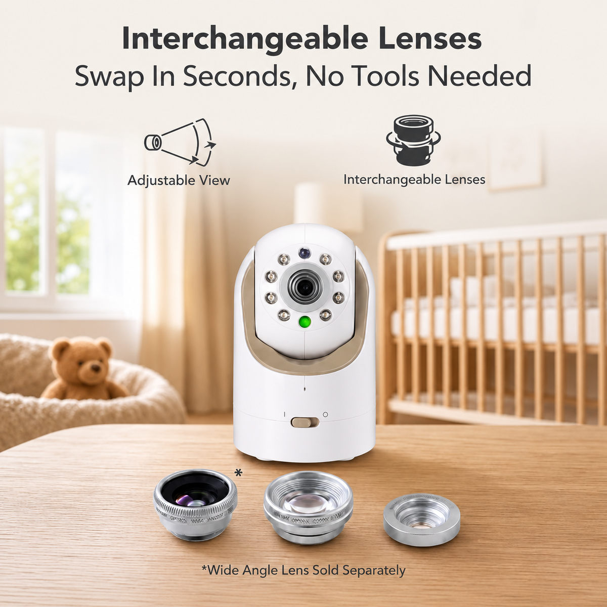 Baby video room monitor designed for convenient viewing of the baby's sleeping area