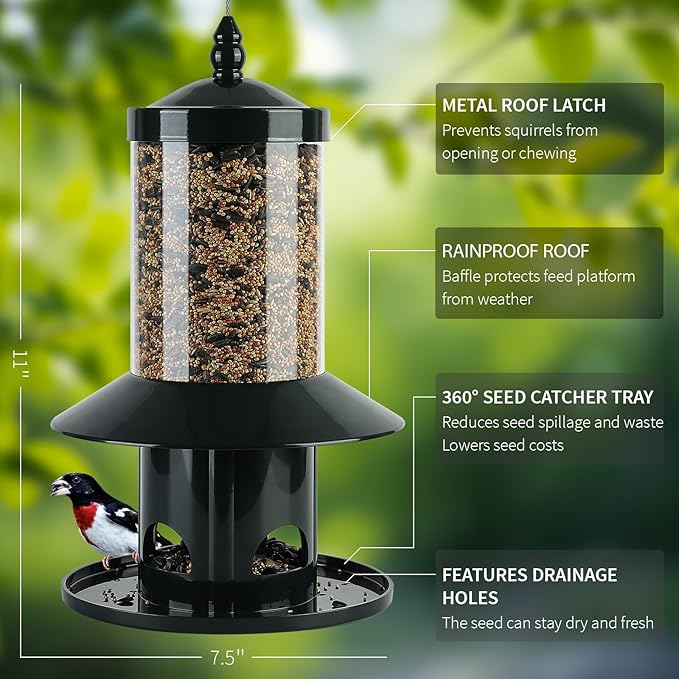 Dark Green Backyard Bird Feeder with 360 Degree Perch Tray for Daily Feeding