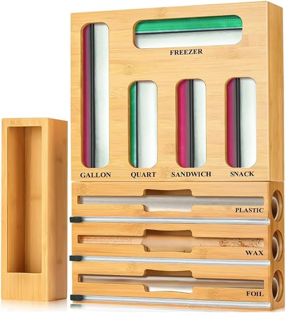 Bamboo 9-in-1 kitchen bag and wrap organizer for drawer storage