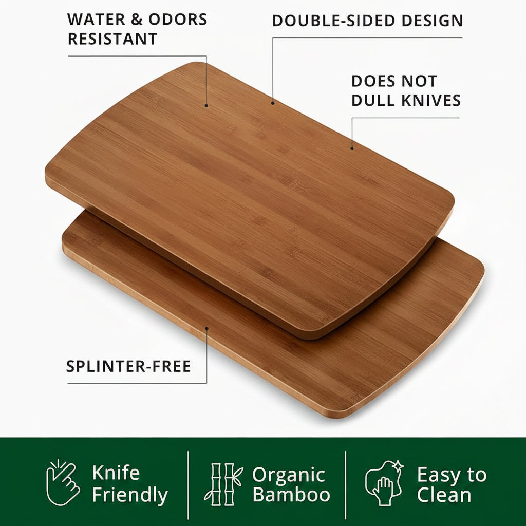 Close-up of bamboo cutting board with deep juice groove