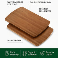 Close-up of bamboo cutting board with deep juice groove