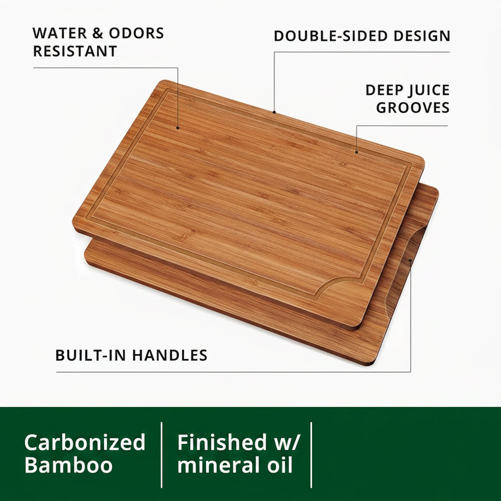 Bamboo cutting board used for vegetable and meal preparation