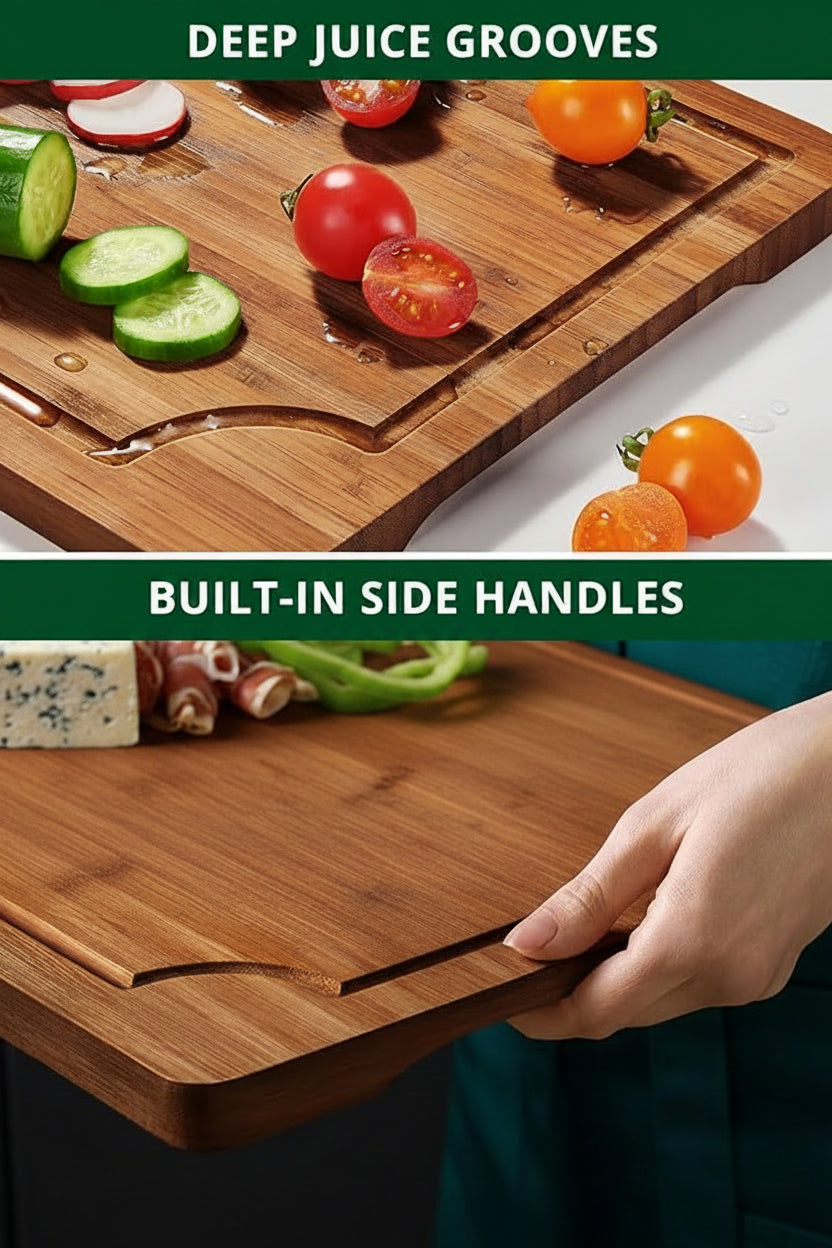 Bamboo kitchen board with integrated side carrying handles