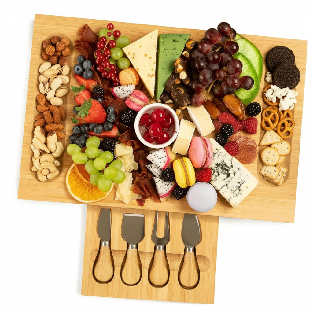 Bamboo charcuterie board set with serving utensils