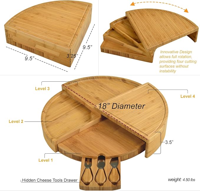 Bamboo charcuterie board set with cheese serving utensils