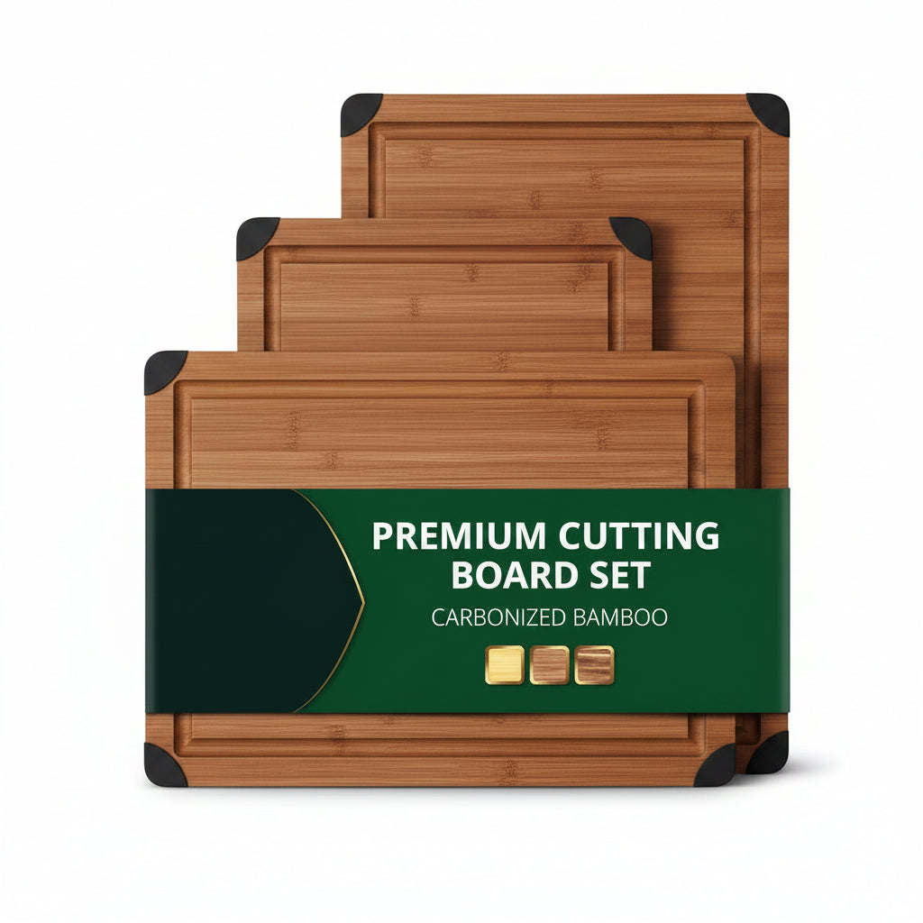 Bamboo cutting board set with juice grooves and side handles