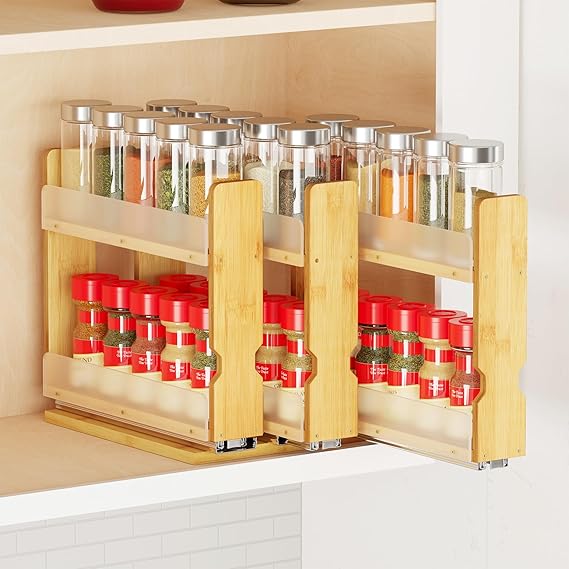 Bamboo pull out spice rack organizer for kitchen cabinet storage