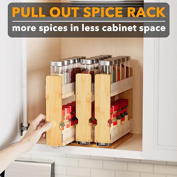 Natural bamboo spice rack organizer for cabinet and pantry use