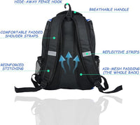 Youth baseball backpack with fence hook for easy hanging