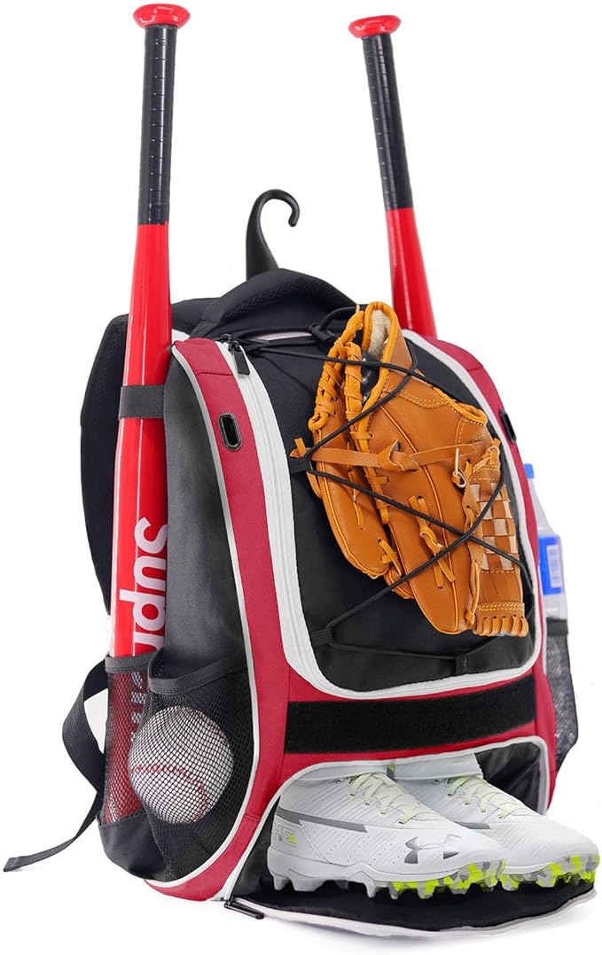 Baseball backpack with bat holder, glove holder, and helmet compartment