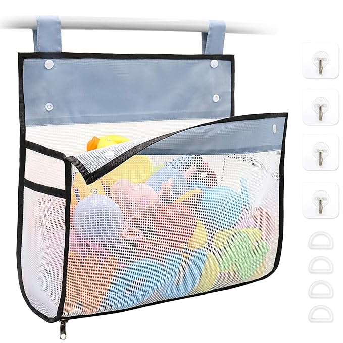 Bath toy organizer with multiple hanging options for bathroom and bathtub