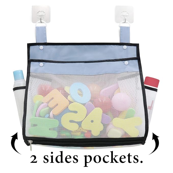 Bath toy organizer placed over bathtub faucet for toy storage