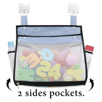 Bath toy organizer placed over bathtub faucet for toy storage
