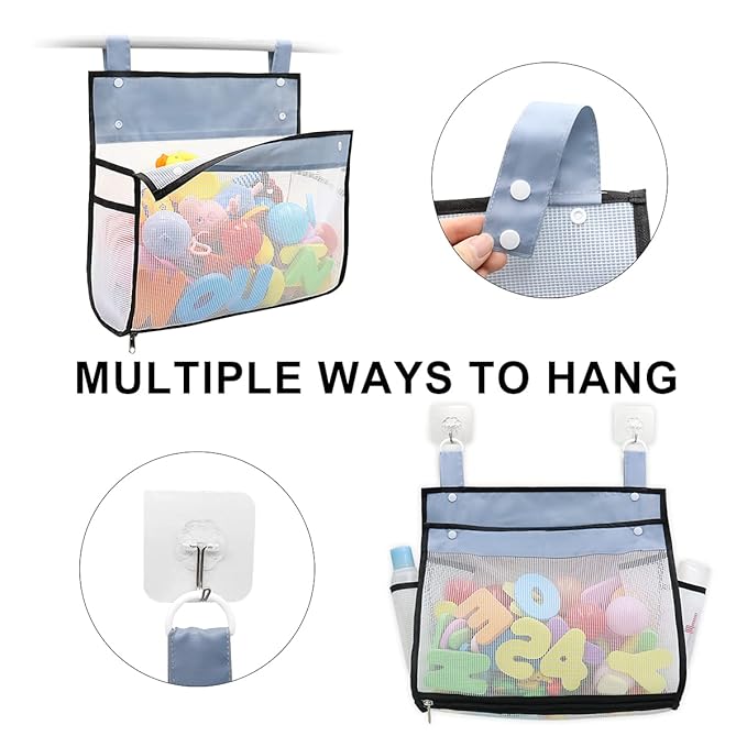Bath toy organizer attached to bathroom wall with suction cups