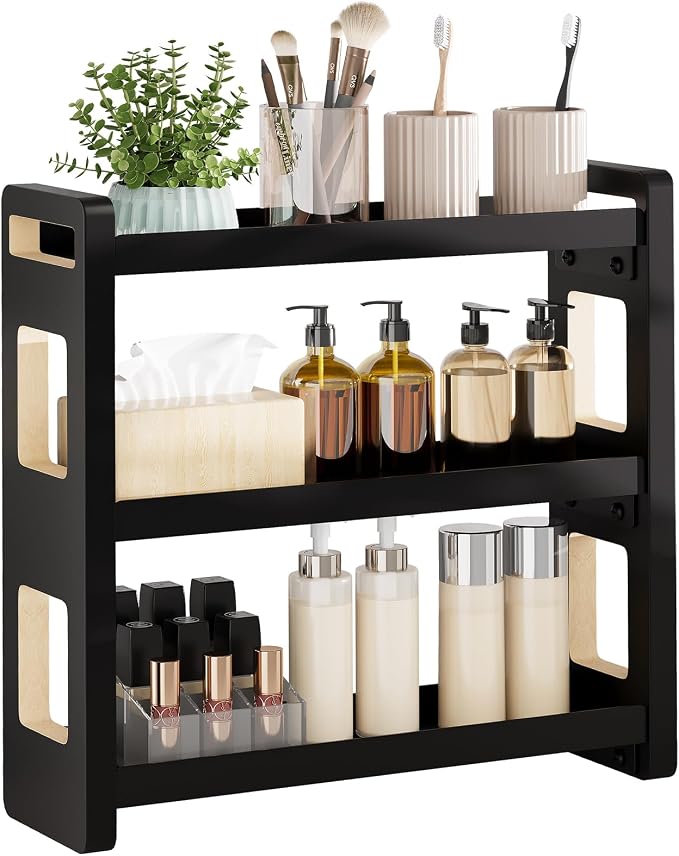 Bathroom organizer displaying perfume and cologne bottles