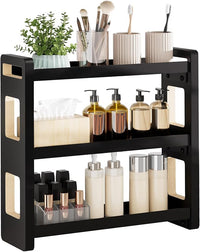 Bathroom organizer displaying perfume and cologne bottles