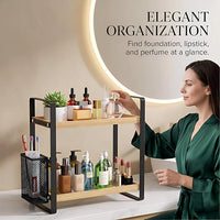 Bathroom perfume organizer with integrated storage basket