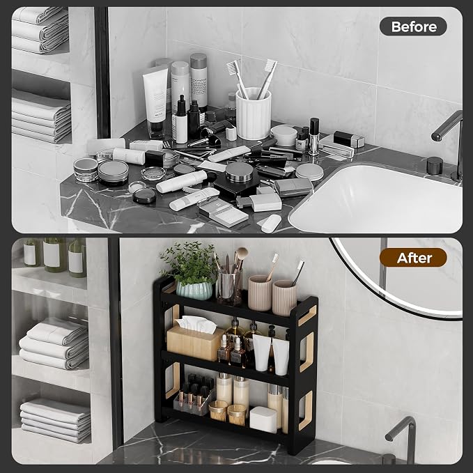 Countertop storage organizer positioned beside bathroom sink
