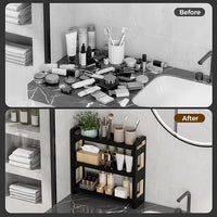 Countertop storage organizer positioned beside bathroom sink