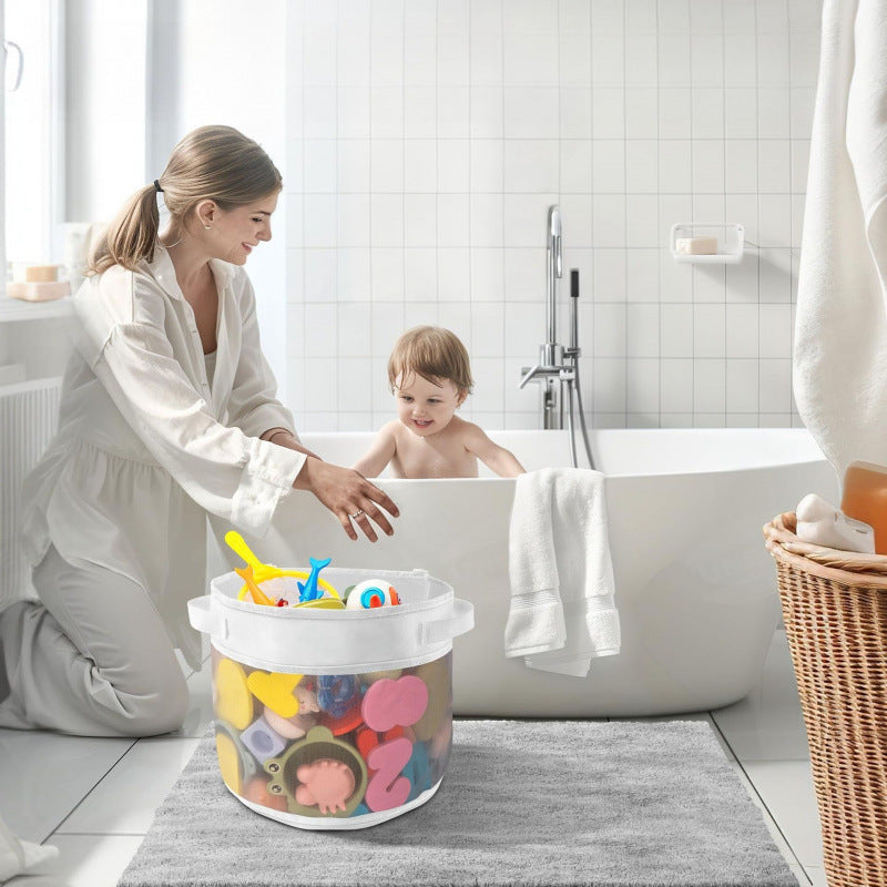 Bath toy organizer in bathroom keeping toys tidy and dry