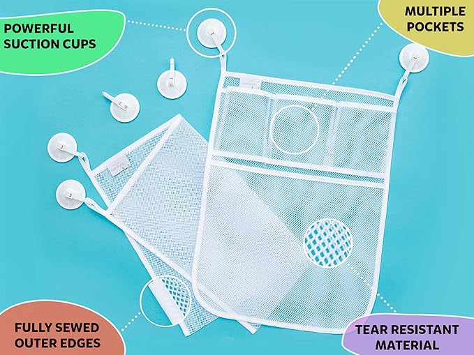 Bath toy organizer set holding toys and accessories in bathroom