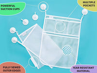 Bath toy organizer set holding toys and accessories in bathroom